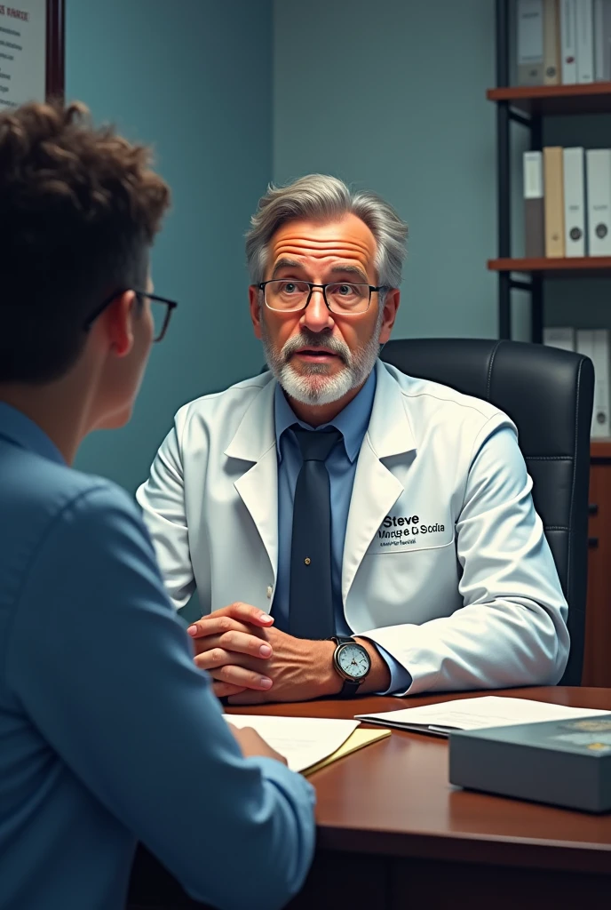 Docter he wear coat ans sitting the chair with casuals talking about psychology and his table have steve name board, and see straight 