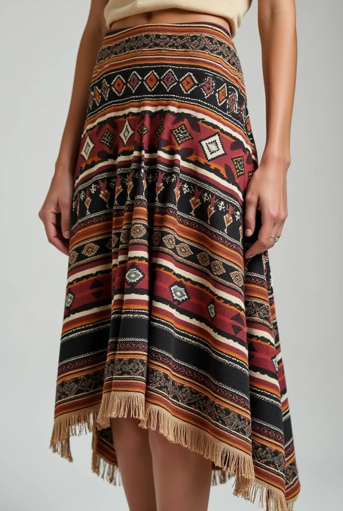 Crie Saia noon com Franjas
Corte: noon, tight at the waist and with a layered skirt.
tamanho: Mid-calf length.
print: print étnica com padrões geométricos.
Sewing: Fringes on the edges of the skirt in coordinating fabric. farm style