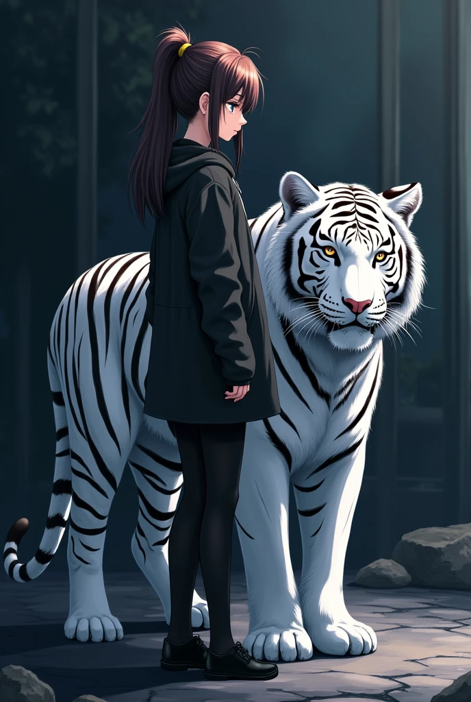 woman, Convert to anime style, Next to her is a white tiger, Standing on a dark street, Backlight background, emphasize the subject, High contrast color,