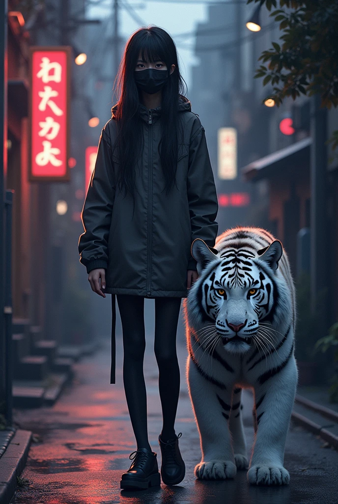 woman, Convert to anime style, Next to her is a white tiger, Standing on a dark street, Backlight background, emphasize the subject, High contrast color,