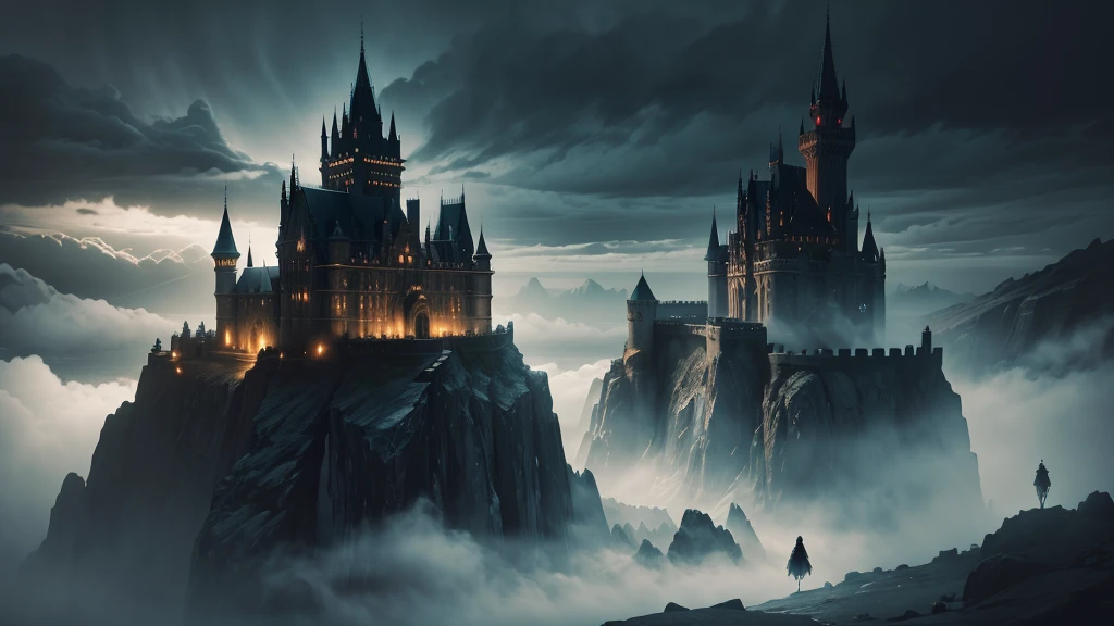 a dark fantasy scene, dramatic moody lighting, ornate castle on a cliff, fog swirling around, ghostly figures in the distance, dark clouds in the sky, full moon, dramatic atmosphere, intricate details, cinematic composition, muted color palette, gothic architecture, dramatic lighting and shadows, highly detailed, masterpiece, photorealistic, 8k