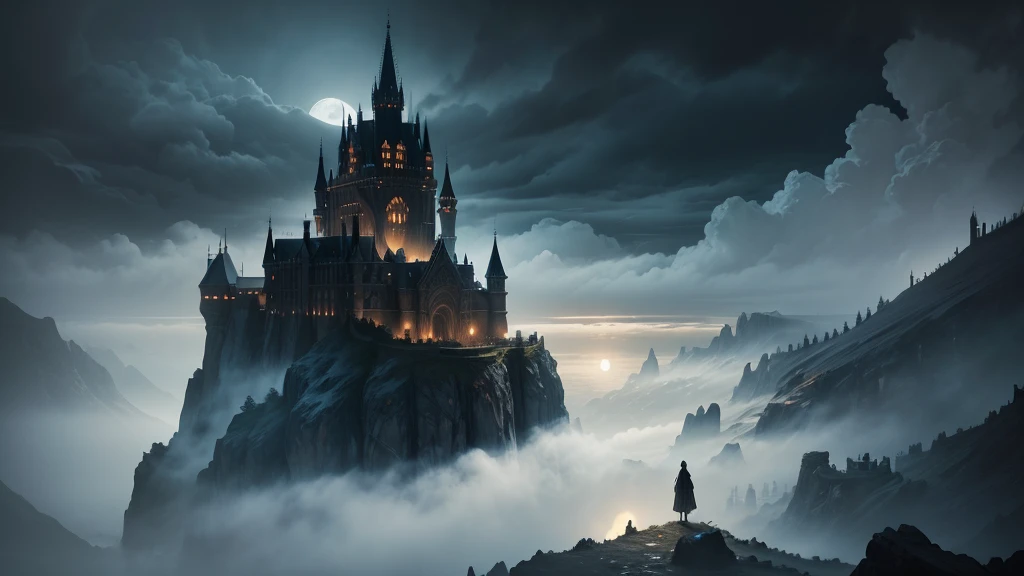 a dark fantasy scene, dramatic moody lighting, ornate castle on a cliff, fog swirling around, ghostly figures in the distance, dark clouds in the sky, full moon, dramatic atmosphere, intricate details, cinematic composition, muted color palette, gothic architecture, dramatic lighting and shadows, highly detailed, masterpiece, photorealistic, 8k