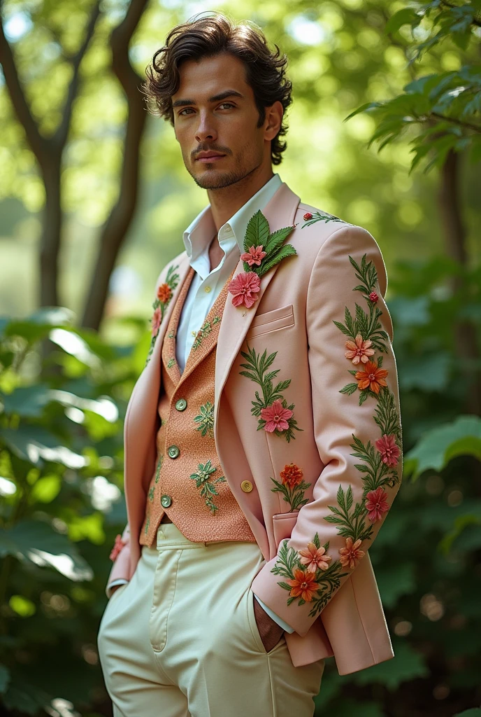 Believe me 1 male outfit of the spring season/summer, that is inspired by flowers and plants, Let it be extravagant but simple, full body