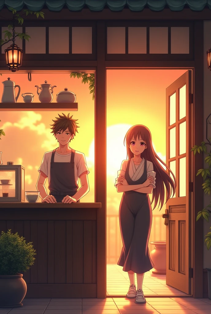 Two characthers in the frame with anime oshi no ko theme art. one character is male with flat face expression with coma hairstyle using white t-shirt and apron on it standing behind the counter. the male character looking at Beautiful female with beautiful smile with long hair and japanese one piece coming from the front door. The tea shop with western traditional vibe with sunset time setting