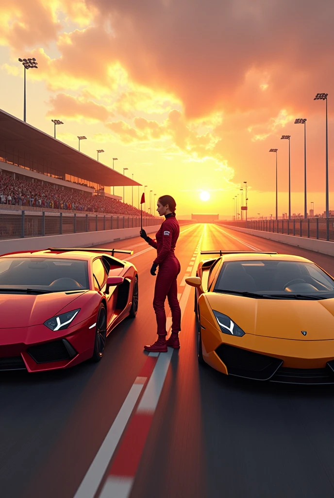 red metalic Lamborghini &yello realistic Porsche standing on a race track in airport with realistic theme
and a girl holding start flag between the cars in sunset with fully crowded place