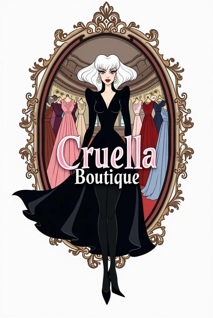 Boutique logo with Cruella de Vil with her black and white hair in the middle of a boutique full of dresses with a white background and with the name "Cruella Boutique" in the center in