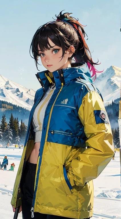 snowy landscape, straight body female, slim, fit, light skinned female, dark hair, ponytail, ski jacket, open jacket, navel, ab lines, closeup, sparkles of ice in hair, bright green eyes, vibrant colors, teal and yellow jacket, ski poles, ski pants, (((rich textures))), ((extremely detailed)), ((more details)), (((masterpiece))), (((best quality))), (magical effects), (glow), (((saturated colors))), (bright colors), (vivid colors), rpgcardstyle