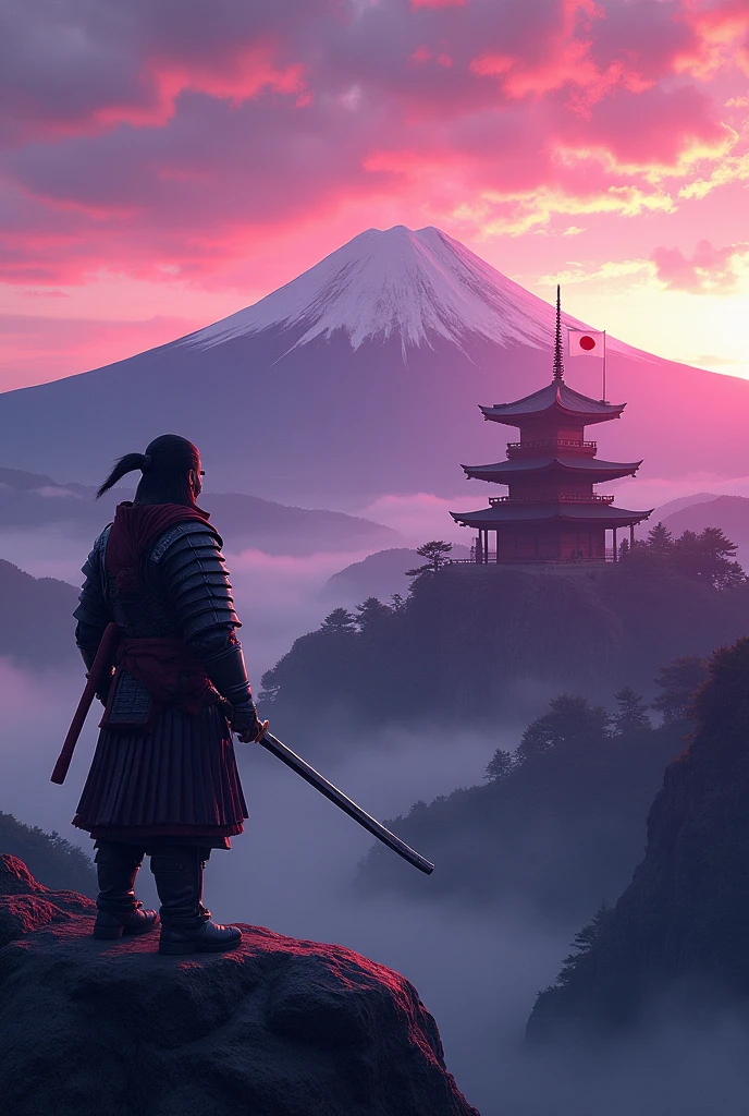Create a background of a samurai with a katana looking towards a Japanese temple on the mountain with Mount Fuji in the background and the flag of Japan on a purple sunset
