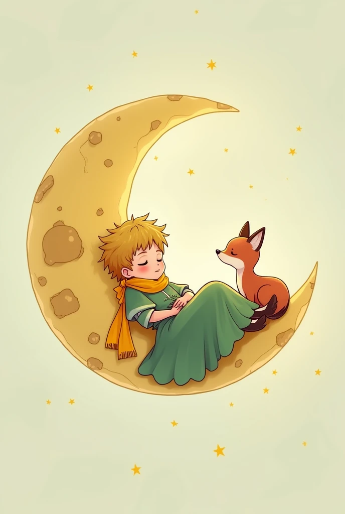 illustration，little Prince，Yellow scarf，Green cloak，Lying on the moon with a cute little fox，Beautiful bright colors，Fairytale pictures，Light background