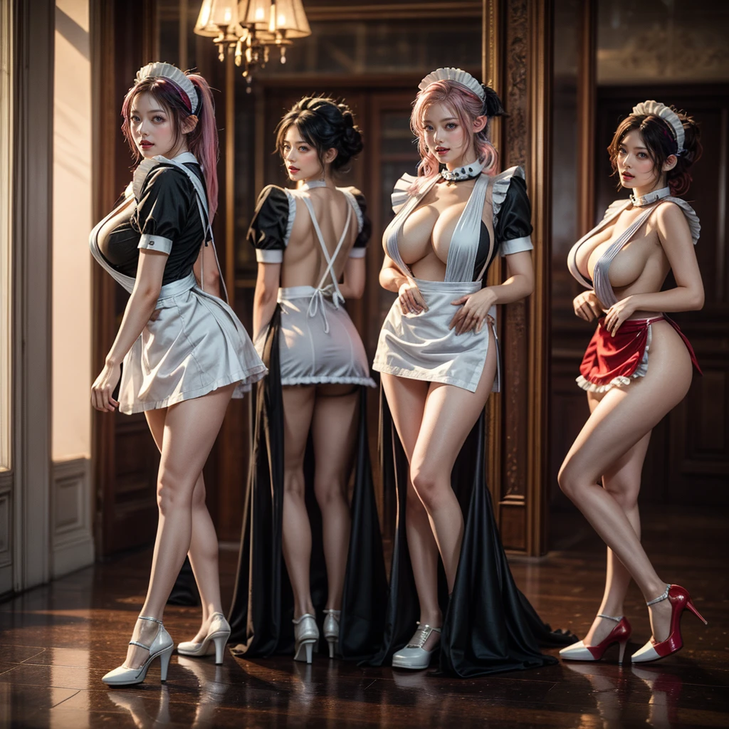 (Full Body of Extremely Detailed((Sexy Maid Group in a row:1.37))), KAWAII perfect face with Reflective Eyes, Detailed(Delicate Clothing textures), Correct Graceful Legs, Dynamic Joyful Expressions LifeLike Rendering, Specular Reflection, TopQuality 8K Ultra-detailed masterpiece (ProfessionalPhoto:1.37), (Acutance:0.8), (Luminism:1.28), Renaissance art style, Colorful Light particles, (Full body from side) {MicroMini Skirt|Kissing Face to Face|Thigh Gap|Cute Peach AssFocus|(NakedApron with (Overflowing Sideboob))}, Radiant Fine Skin with Transparency, (Exposed:0.4) {Pink Hair|LightBlue Hair|Blonde|Pure White Hair|Liquid Hair|Red Shoes}, Perfect Lighting