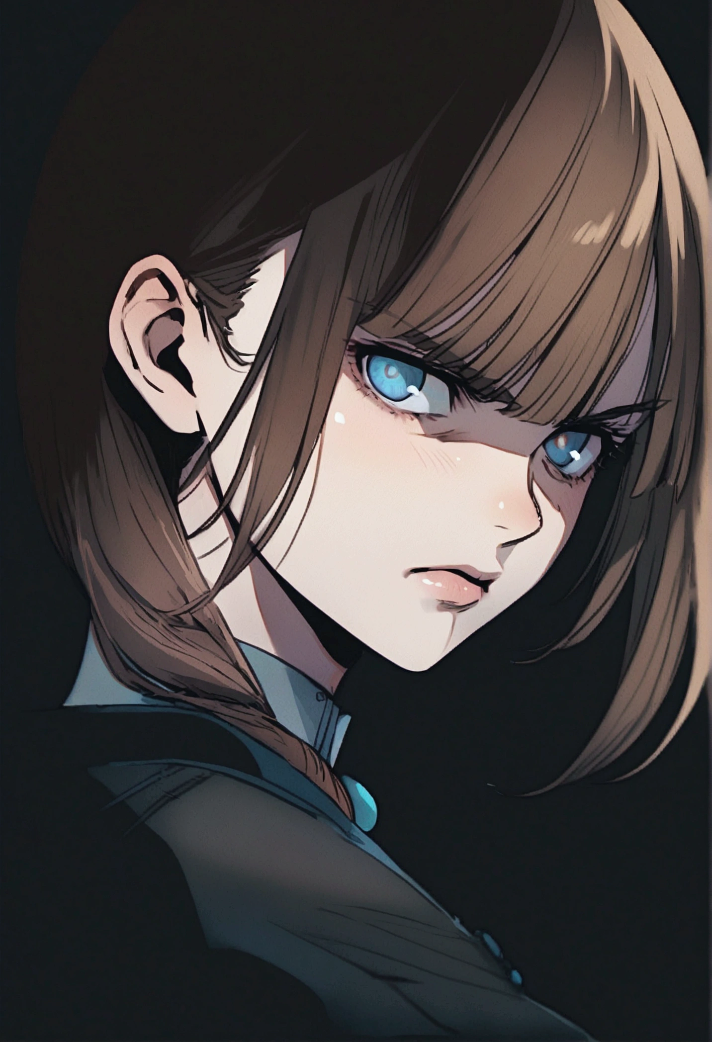 serious face, blue eyes, brown hair, light-skin,