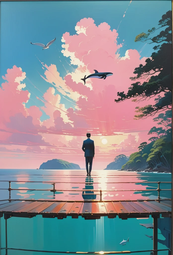 Swim gracefully like a fly in a whale light pink sky, flying, acrylic painting, pixiv fanbox trends, pallet knives and brushstrokes, makoto sinkai jamie wyeth james girard Edward Hopper Gregtkovsky Studio Gibridine Impact, coral reefs, castles in the sea、oil、paints、Painting