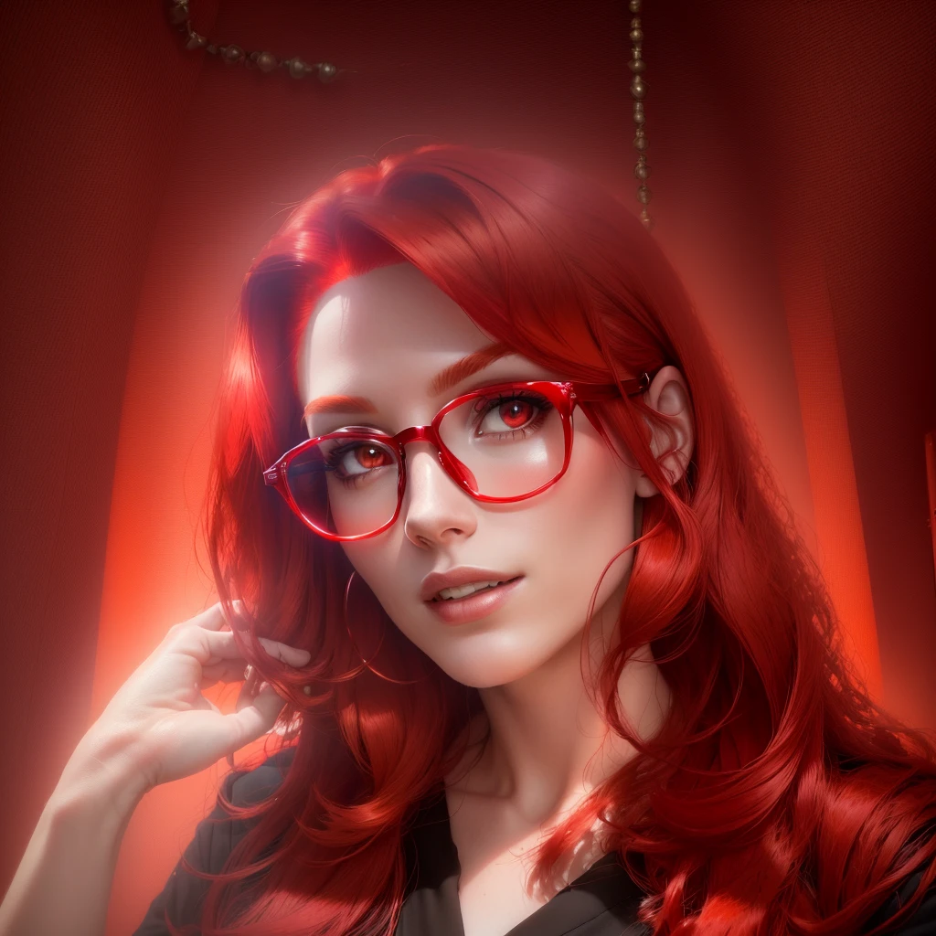 arafed woman with red hair and glasses looking at the camera, red dyed hair, crimson red hair and red eyes, bright red hair, strong red hue, with red hair, vibrant red hair, wearing red tainted glasses, red glowing hair, with few fire red highlights, with long red hair, red hair, red wig, glowing red, headshot profile picture, clean background