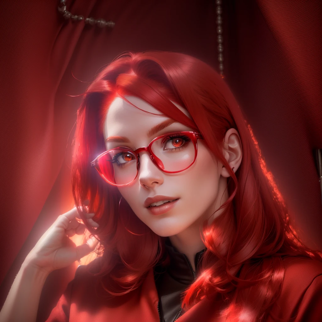 arafed woman with red hair and glasses looking at the camera, red dyed hair, crimson red hair and red eyes, bright red hair, strong red hue, with red hair, vibrant red hair, wearing red tainted glasses, red glowing hair, with few fire red highlights, with long red hair, red hair, red wig, glowing red, headshot profile picture, clean background