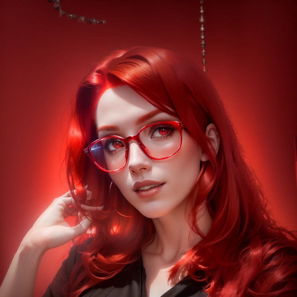 arafed woman with red hair and glasses looking at the camera, red dyed hair, crimson red hair and red eyes, bright red hair, strong red hue, with red hair, vibrant red hair, wearing red tainted glasses, red glowing hair, with few fire red highlights, with long red hair, red hair, red wig, glowing red, headshot profile picture, clean background