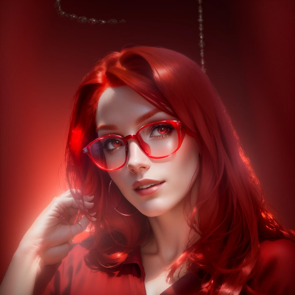 arafed woman with red hair and glasses looking at the camera, red dyed hair, crimson red hair and red eyes, bright red hair, strong red hue, with red hair, vibrant red hair, wearing red tainted glasses, red glowing hair, with few fire red highlights, with long red hair, red hair, red wig, glowing red, headshot profile picture, clean background