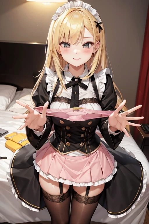 Highest quality, presentingpanties,pink panties, holding,holding panties,Yellow stained panties,Bedroom,Blonde,Black long skirt,Maid clothes,Long sleeve,Adult women,A seductive smile,Black garter belt,tights