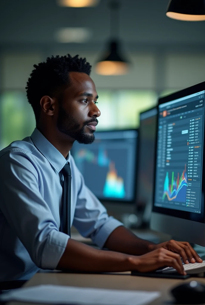 An Ethiopian black man siting on the table in the office working and arranging many transaction payments on his computer that is visible to us, the transaction payments are clearly visible for us and they also are in the team and have payment transfer detail transaction on their computer