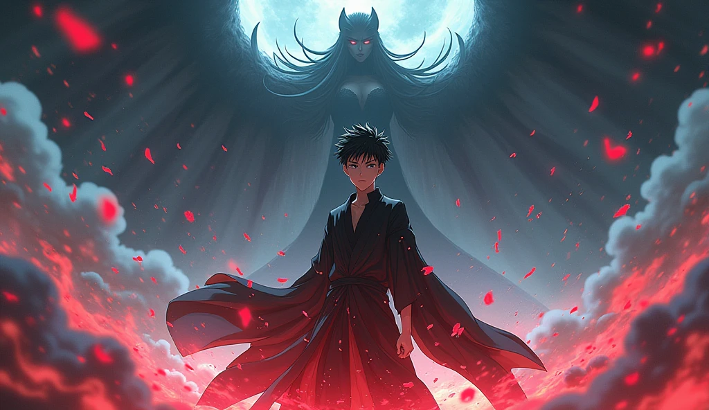 (photorealism:1.2) Yuta Okkotsu from jujutsu kaisen doing his domain expansion and background with the Queen of Curses Rika from Jujutsu Kaisen