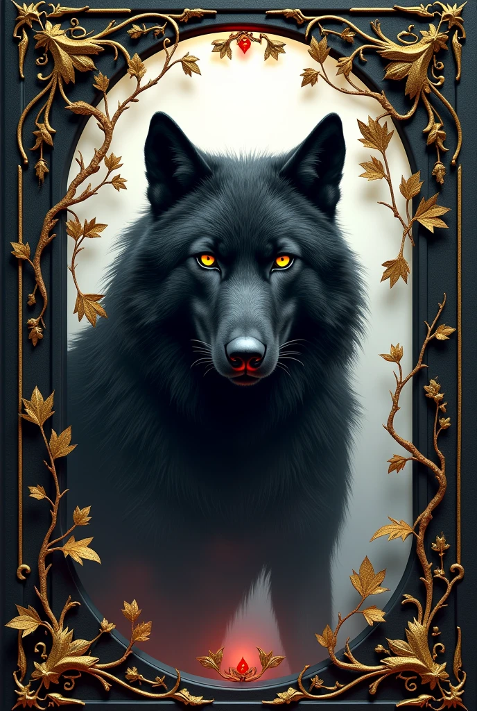 Make a book cover with the following information.
The background is white and on the edges of the cover there are gold details as if they were plant vines., besides some red details like fire embers. In the center make a frame and behind/on top of this frame a black creature that resembles a wolf with golden eyes.