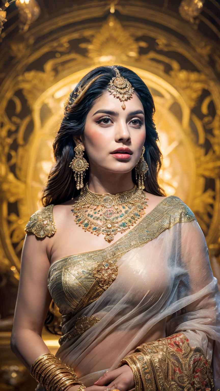 ((Best quality, 8k, Masterpiece :1.3)), Sharp focus :1.2, Generate a realistic image of a beautiful sexy Indian woman plus size body: 8.5 dressed in a white Kasava saree, adorned with traditional ornaments, standing in a well-lit room with cinematic lighting. ((Front view, random elegant pose)), and there is a sense of grace and elegance in her posture. The background should complement the scene, enhancing the overall aesthetic appeal of the image. Photography by Brandon Woelfel, Full shot: Canon EF 16-35mm f/2.8L III USM lens on a Canon EOS 9D Mark IV camera, ultra realistic, 64k, HD