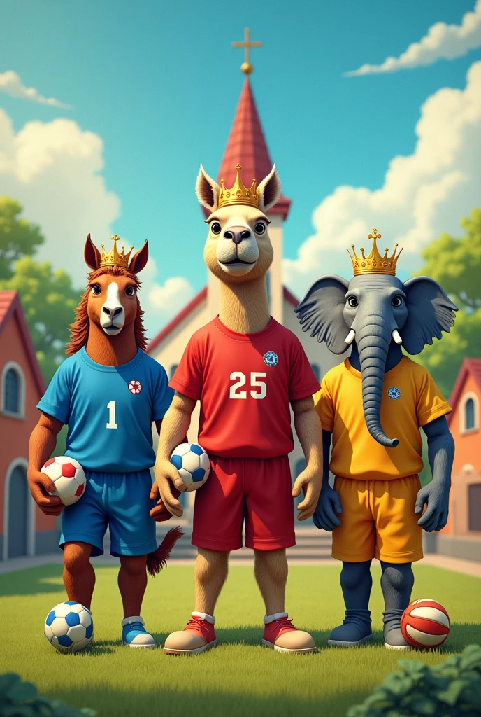 Poster of three animals with crowns in front of a village church ,with green grass, a horse in a blue uniform and a volleyball, a camel in a red uniform and his soccer ball and an elephant in a yellow uniform and his basketball , wearing the number 25 on the jersey 