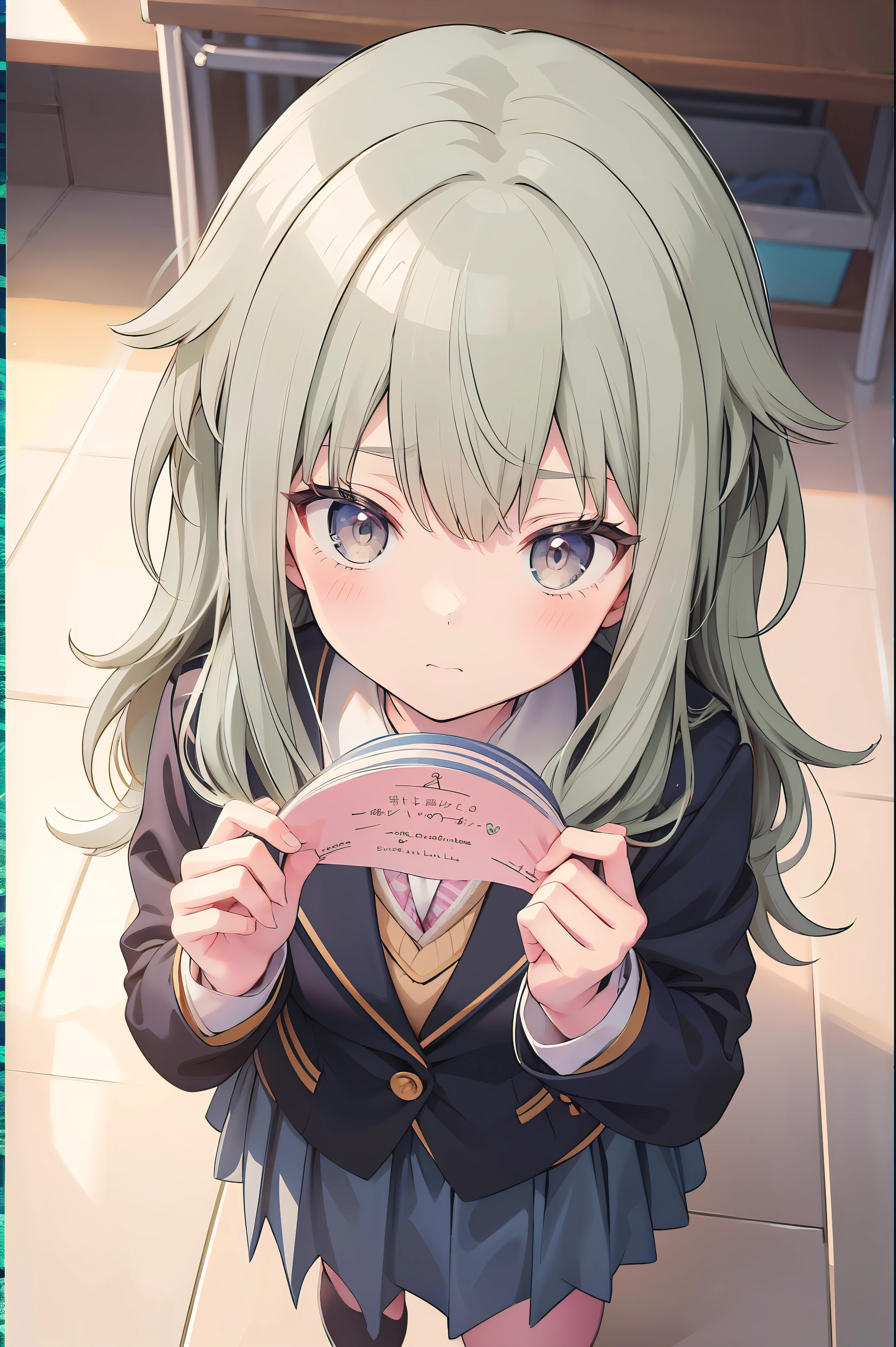(8k, 最high quality)、Ultra-high resolution、adorable、最high quality, beautiful, (((Absurd beauty)))、school uniform、blazer、high quality、Shiny Hair、Very fine and beautiful bright eyes、Medium chest、nose blush、Very detailed, clear and beautiful face, Awards, (Anatomically correct), (((from above)))