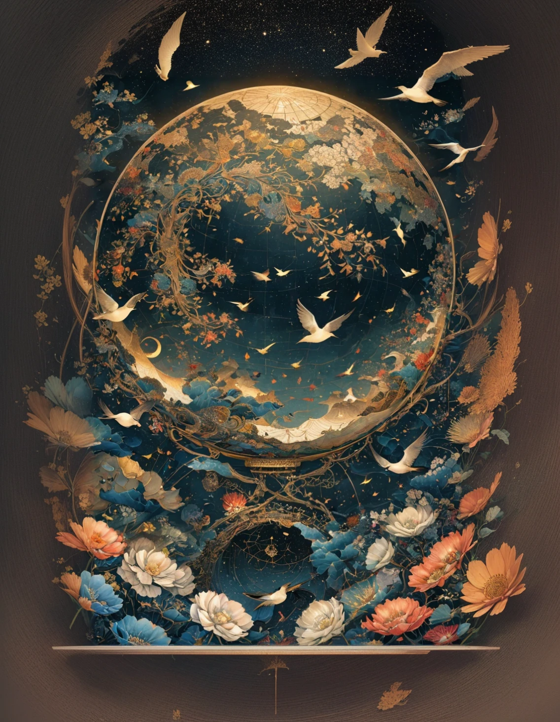A huge globe is suspended in the center of the image, with intricate patterns and symbols engraved on it. The globe is surrounded by flying birds and blooming flowers. It symbolizes the vastness of the universe and the prosperity of life, ink style, best quality, masterpiece, very aesthetic, perfect composition, intricate details, ultra-detailed, Animagine