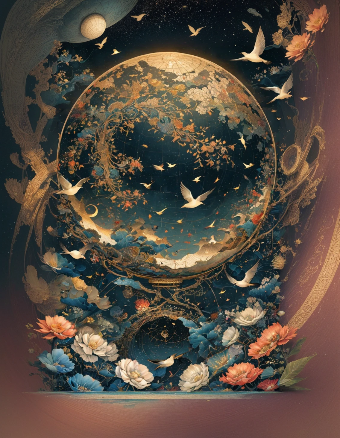 A huge globe is suspended in the center of the image, with intricate patterns and symbols engraved on it. The globe is surrounded by flying birds and blooming flowers. It symbolizes the vastness of the universe and the prosperity of life, ink style, best quality, masterpiece, very aesthetic, perfect composition, intricate details, ultra-detailed, Animagine