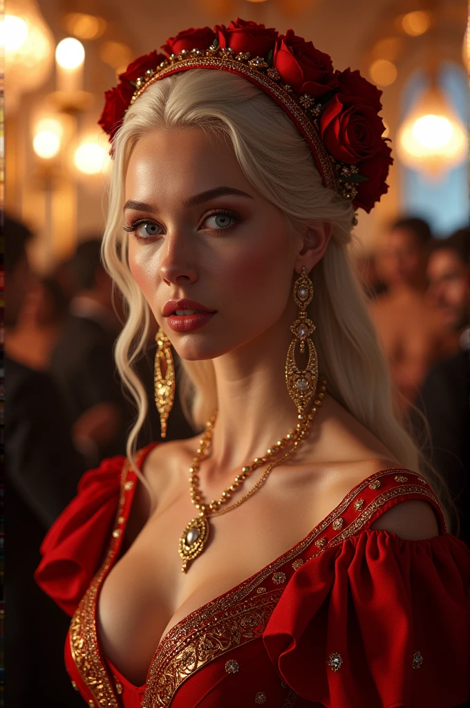 Viserra Targaryen played by the actress, generous valentina, wearing a beautiful red party dress with gold decorations, and an elegant and elaborate headdress, of fire roses in the hair"the book fire and blood"