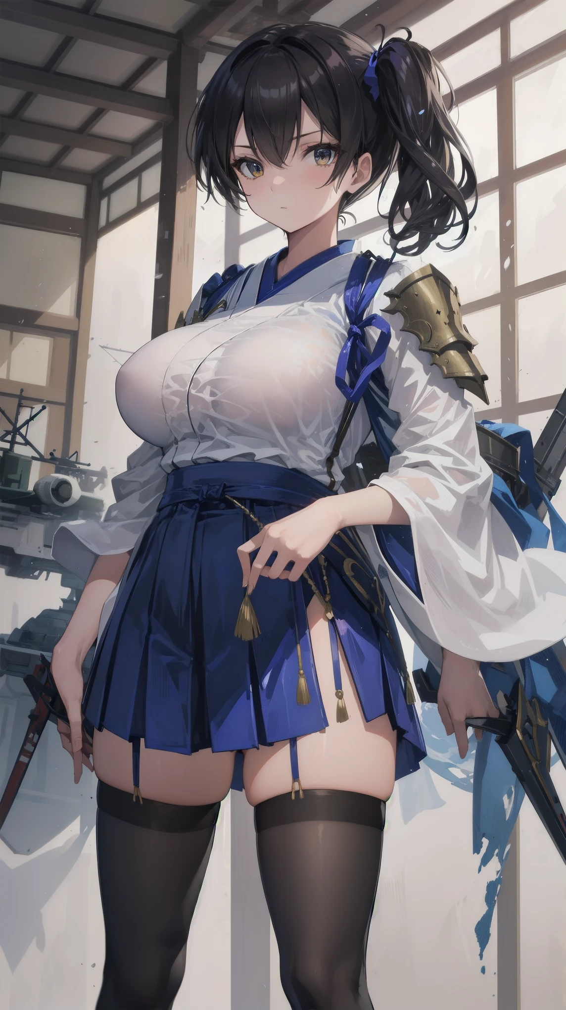 Kaga(Fleet Collection),highest quality, masterpiece, High resolution,kimono,blue skirt,side ponytail,big_breasts,large_thighs,thigh-highs,plump,hold_Japanese_bow,(angry:0.7),black_breast_armor,