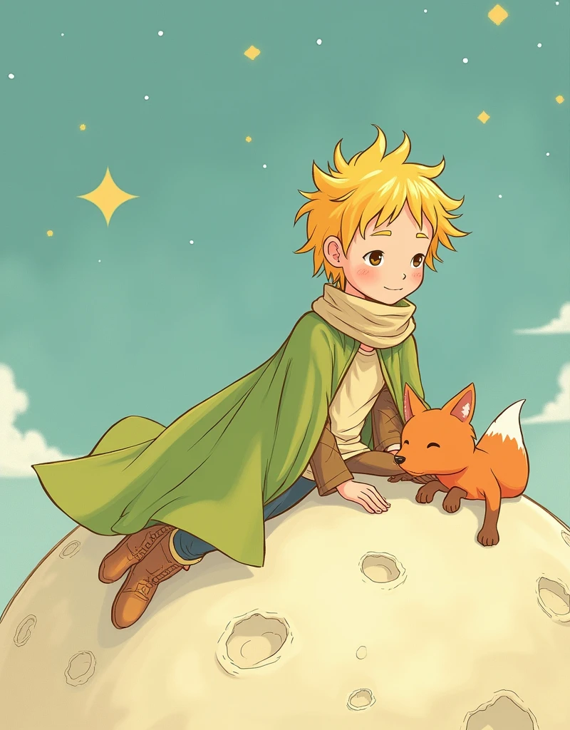 illustration,little Prince,scarf,Green cloak,Lying on the moon with a cute little fox,Beautiful bright colors,Fairytale pictures,Light background