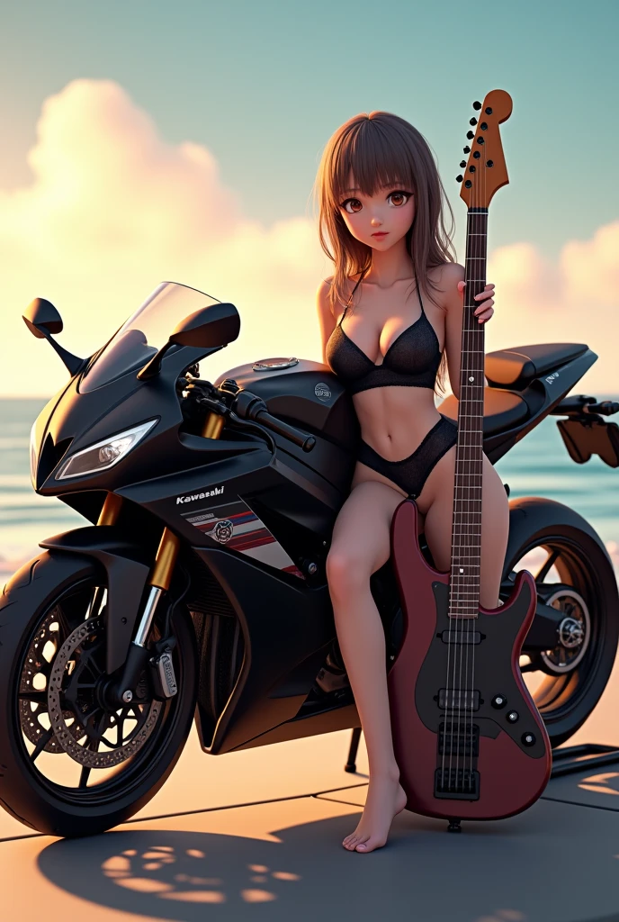 beautiful 3d anime girl, sitting next to a black bigbike(Kawasaki H2R) , holding an electric guitar, soft lighting, on seaside , hot pose, cool garage, intricate details, warm colors,