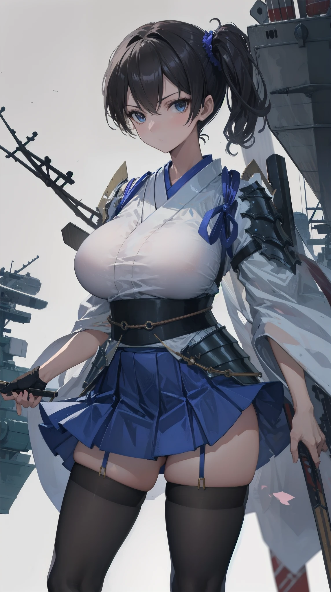Kaga(Fleet Collection),highest quality, masterpiece, High resolution,kimono,blue skirt,side ponytail,big_breasts,large_thighs,thigh-highs,plump,hold_Japanese_bow,(angry:0.7),black_breast_armor,