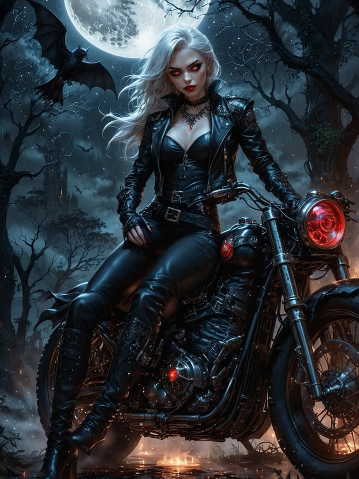 close up of woman on motorcycle with full moon in background, dark fantasy style art, dark fantasy art, fantasy dark art, in style of dark fantasy art, gothic fantasy art, dark fantasy artwork, harley quinn, dark fantasy style, Horror Art Dark Fantasy, cool view, in the style of Anne Stokes, Abaddon and Magali Villeneuve