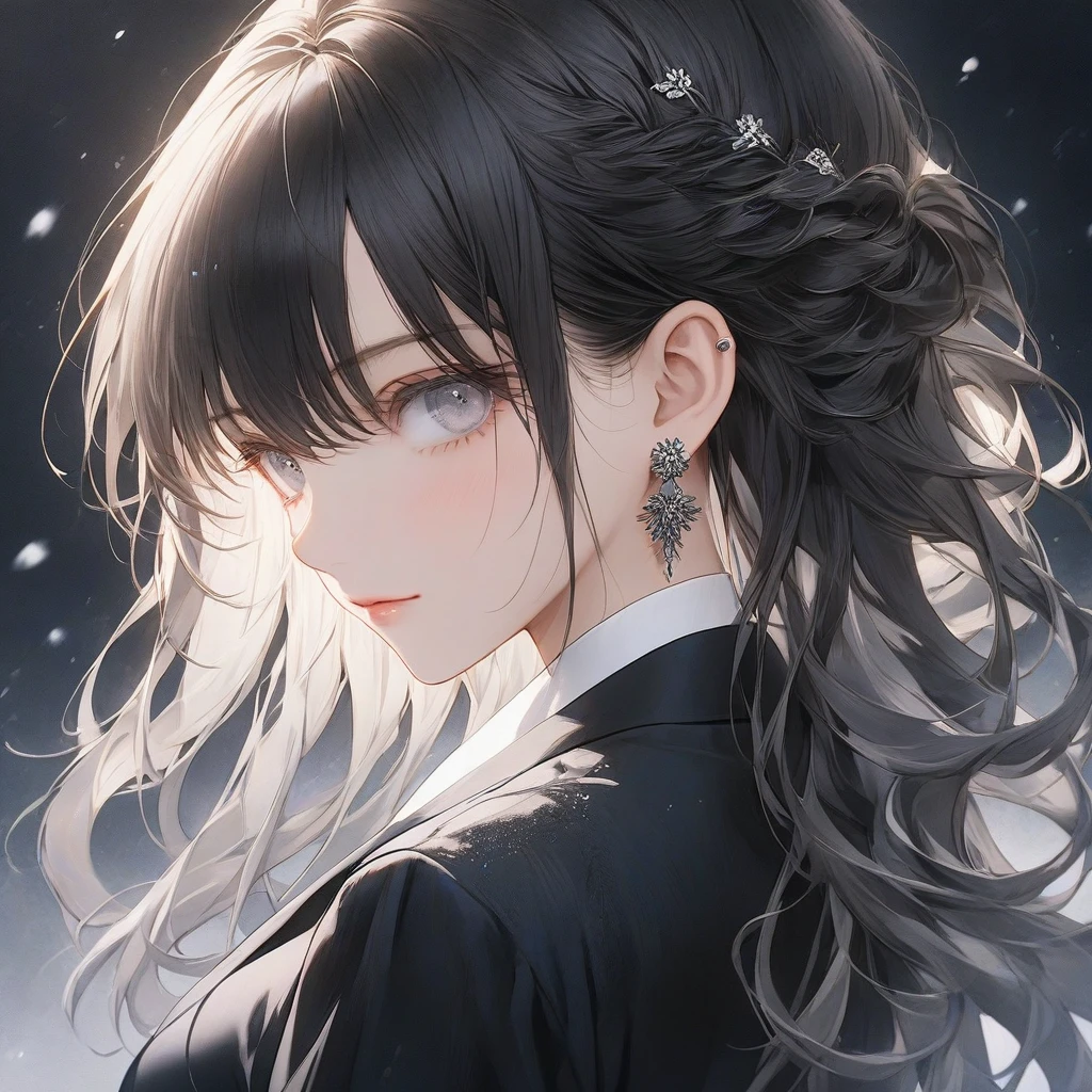  Masterpiece, Highest quality, hairสีน้ำตาล, Silver eyes, parted 前hair, ((24 year old teenager)), 1girl, big bust, half-body, length_serrated_tangle_hair, serrated_前hair, earring, Simple dark suit, half_body_portrait photography, alone, 1_girl, alone, half body, Cold eyes,detailing eyes.
