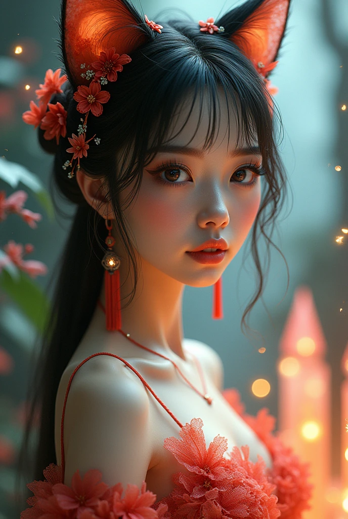 cat ears, China dress, magical world, red mesh on black hair, beautiful detailed eyes, beautiful detailed lips, extremely detailed eyes and face, long eyelashes, soft lighting, fantasy landscape, glowing magic crystals, ethereal atmosphere, intricate details, vibrant colors, (best quality,4k,8k,highres,masterpiece:1.2),ultra-detailed,(realistic,photorealistic,photo-realistic:1.37)