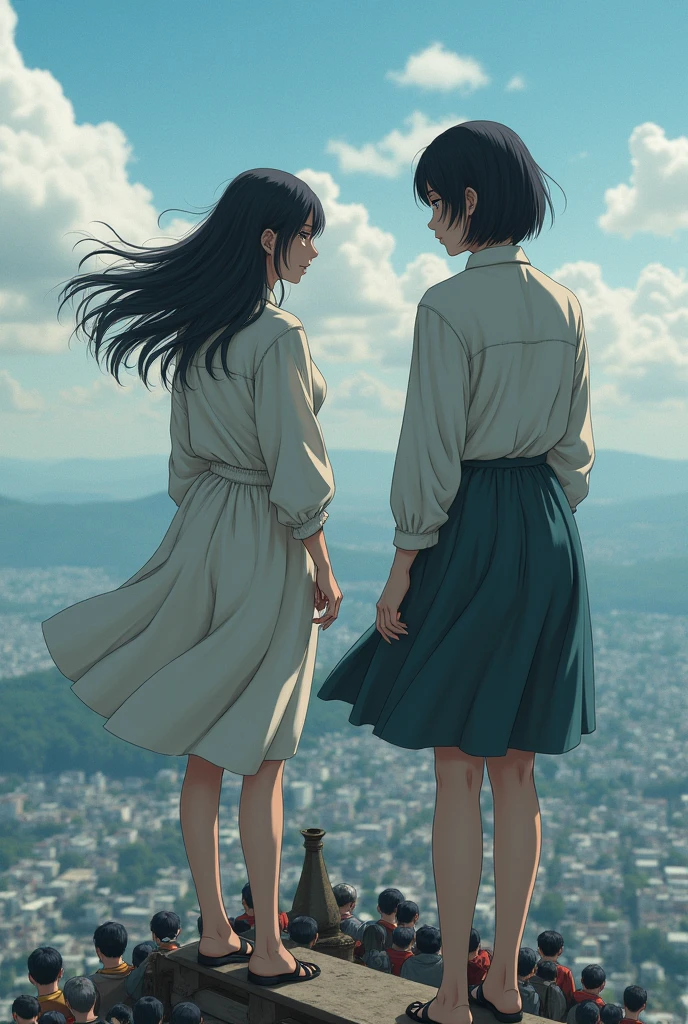 Two naked Japanese mature women standing on a steel tower 3000m above the ground, ages 53 and 65, with a drunk look, black hair, wavy long hair, short bob, many spectators, high resolution, photo quality,