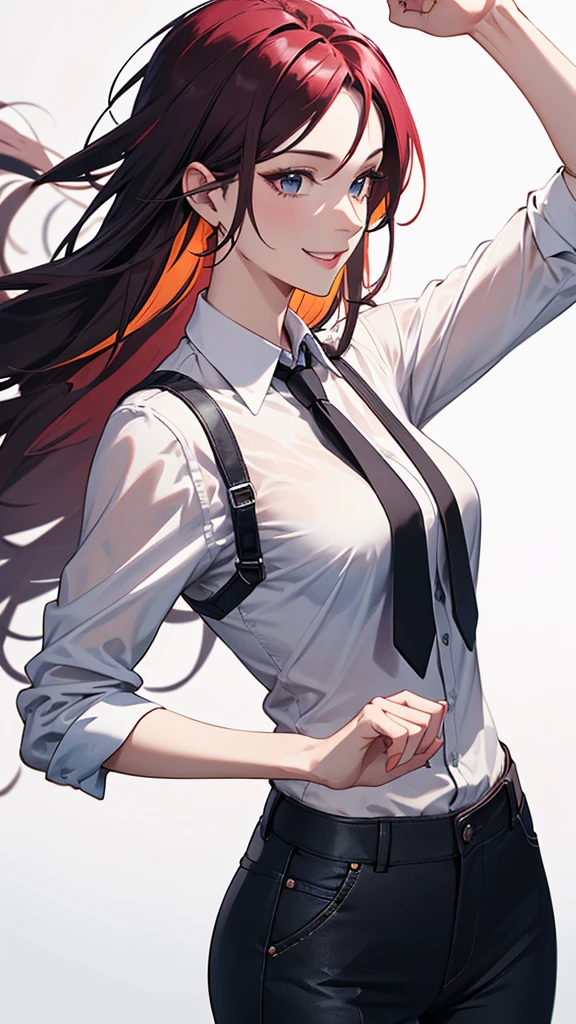 (Absurd, 8k, 4K, masterpiece, Extremely detailed:1.2), alone, One person, Front view, Perfect Face, One person, Portraiture, Expressive eyes, alone, Are standing, woman, Perfect hands, Pale skin, Friendly, Excited, punk, Long Hair, Multicolored Hair, Medium Bust, smile, Half Body, Perfect Anatomy, Anatomically correct, Cowboy Shot, No background, Sky Background, White Background, White shirt,Black tie、Black trousers、fight