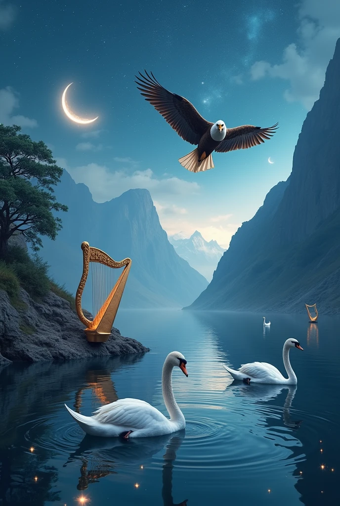 Beautifully detailed starry sky, reflections on the tranquil ocean, majestic eagle soaring, graceful swans swimming gracefully, intricate golden harps floating, (Highest Quality, 4k, 8k, High Resolution, Masterpiece: 1.2), Ultra-detailed, (Realistic, Photorealistic, Photorealistic: 1.37), Tiny stardust on the ocean surface, Dramatic lighting, Vibrant colors, Cinematic composition, Digital art, Fantasy landscapes, Award-winning artwork