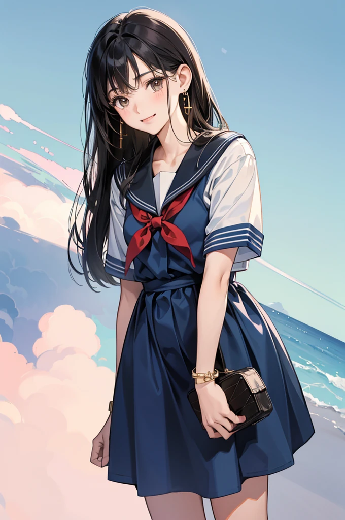 17-year-old Japanese high school girl, long straight black hair, kind brown eyes, soft round face, wearing a navy blue sailor uniform, pastel color dress for casual wear, simple earrings and thin bracelet, gentle smile