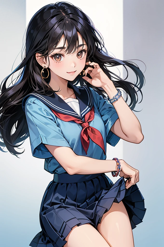 17-year-old Japanese high school girl, long straight black hair, kind brown eyes, soft round face, wearing a navy blue sailor uniform, pastel color dress for casual wear, simple earrings and thin bracelet, gentle smile