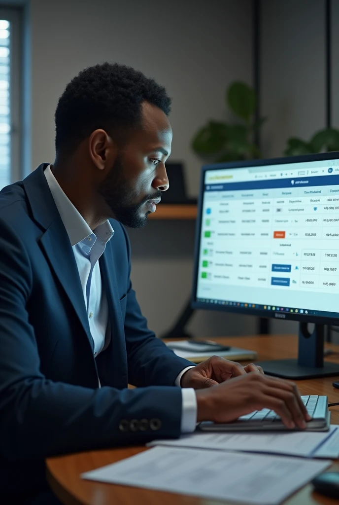 An Ethiopian black man siting on the table in the office working and arranging many transaction payments on his computer that is visible to us, the transaction payments are clearly visible for us and they also are in the team and have payment transfer detail transaction on their computer