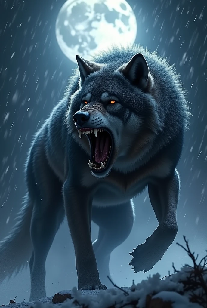 A agresive wolf at moon night was barking while black snow falling