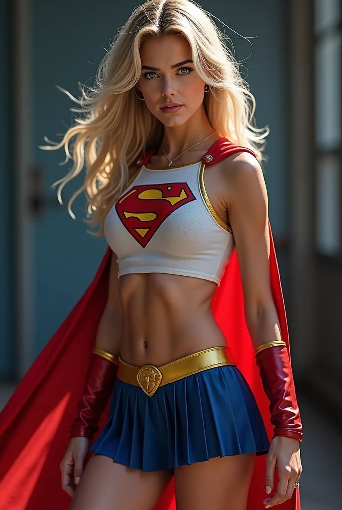 huge muscular boobs:1.8, full view of A SEXY TEENAGE FEMALE WITH DARK BLUE EYES AND MEDIUM MESSY GOLDEN BLONDE HAIR WEARING A CLASSIC WHITE SUPERGIRL LONG SLEEVED CROP TOP COSTUME, A SHORT BLUE PLEATED SKIRT WITH A YELLOW SUPERGIRL BELT, RED HIGH HEELED SUPERGIRL BOOTS, AND SHORT RED SUPERGIRL CAPE WITH YELLOW TRIM. , incredibly detailed skin and eyes, seductive poses, 8K resolution, masterpiece, ultra-detailed, realistic, photo-realistic, vivid colors, dramatic lighting,