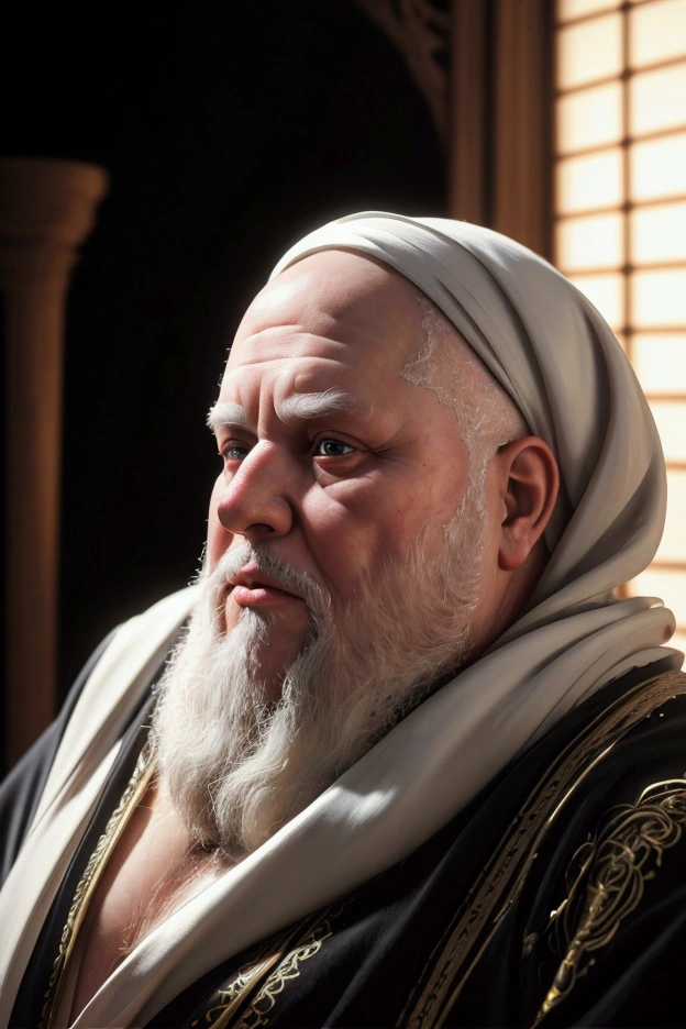 a detailed of an elderly, obese white Dominican monk with an attractive, beard, kind facial expression, warm lighting, ornate religious robes, detailed facial features, photorealistic, 8k, (best quality, 4k, 8k, highres, masterpiece:1.2), ultra-detailed, (realistic, photorealistic, photo-realistic:1.37), HDR, UHD, studio lighting, ultra-fine painting, sharp focus, physically-based rendering, extreme detail description, professional, vivid colors, bokeh