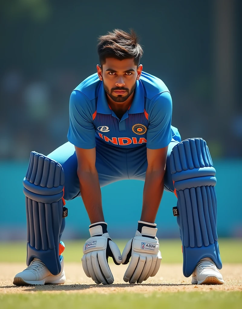 Give me a cricket wicketkeeper wearing a blue jersey with INDIA written on it, wearing white sneakers and cricket gloves, with his hands vertically between his legs and his palms facing forward, half squatting and looking straight ahead at the camera, ready to move，drop shadow, anaglyph, stereogram, tachi-e, ass pov, atmospheric perspective, 8k, super detail, best quality