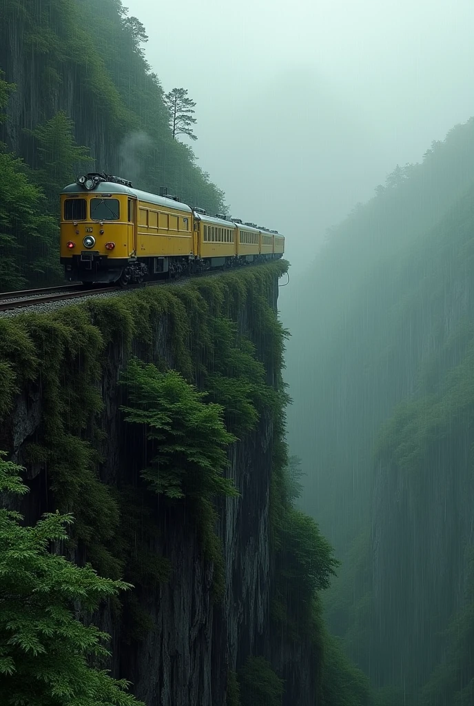 A yellow coloured passenger train standing on the edge of a mountain leaning towards a valley overall theme is of a forest and greenery the weather is slight dark and rainy overall scene is scary and also calm