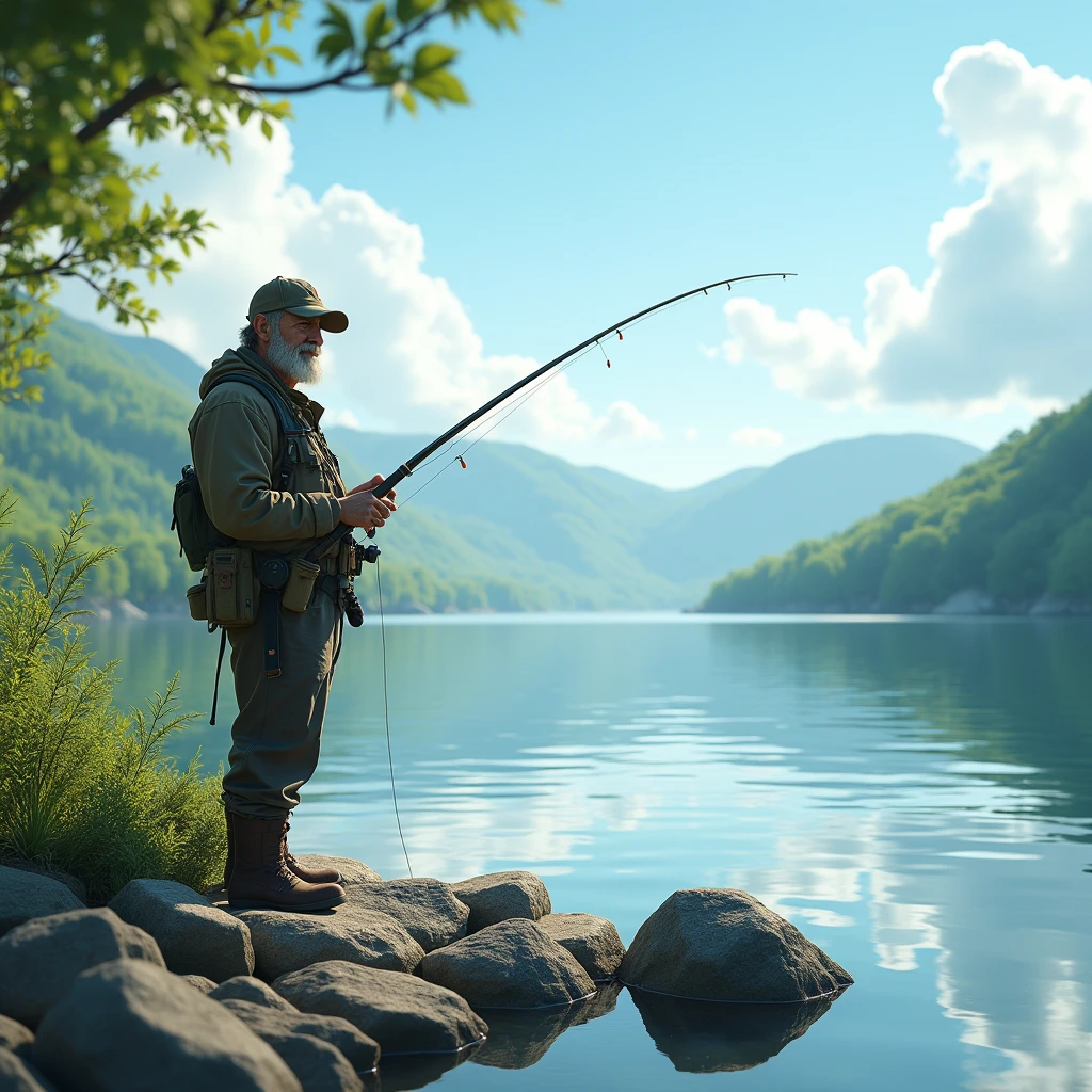 a peaceful fishing scene, a fisherman by the lake, detailed realistic fisherman, holding a fishing rod, calm lake, green hills in the background, blue sky with fluffy clouds, sunlight reflecting on the water, detailed realistic foliage, detailed rocks on the shore, detailed textures on the fisherman's clothing, ultra-detailed, 8k, highres, photorealistic