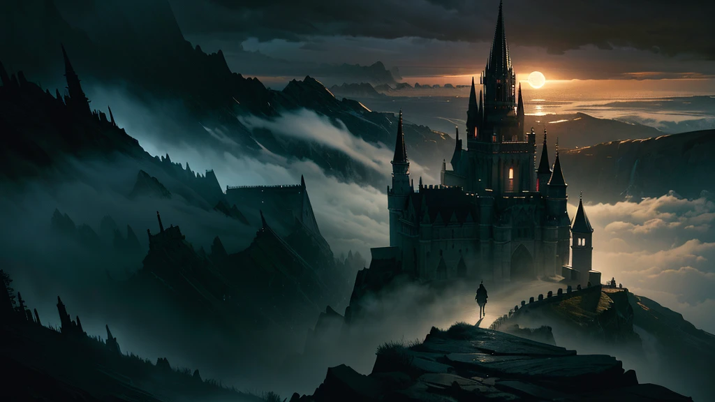 a dark fantasy scene, dramatic moody lighting, ornate castle on a cliff, fog swirling around, ghostly figures in the distance, dark clouds in the sky, full moon, dramatic atmosphere, intricate details, cinematic composition, muted color palette, gothic architecture, dramatic lighting and shadows, highly detailed, masterpiece, photorealistic, 8k